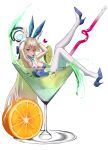  1girl absurdres animal_ears blonde_hair blue_archive blue_bow blue_bowtie blue_eyes blue_footwear blue_leotard blush bow bowtie breasts cocktail_glass cup drinking_glass drinking_straw earpiece fake_animal_ears food fruit full_body heart high_heels highres ice in_container in_cup kenka_(user_hrjm2543) leotard long_hair looking_at_viewer medium_breasts official_alternate_costume orange_(fruit) orange_slice rabbit_ears solo strapless strapless_leotard thighhighs toki_(blue_archive) toki_(bunny)_(blue_archive) transparent_background white_thighhighs wrist_cuffs 
