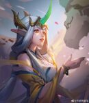  1girl absurdres artist_name camus chinese_commentary detached_sleeves dragon eastern_dragon fingernails green_horns green_nails hair_ornament highres horns immortal_journey_soraka league_of_legends long_hair looking_at_another official_alternate_costume official_alternate_hairstyle outdoors parted_lips pointy_ears single_horn sky solo soraka_(league_of_legends) upper_body white_hair wide_sleeves yellow_eyes 