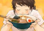  1girl bowl brown_hair chopsticks closed_eyes food food_focus hardboiled_egg highres holding holding_bowl holding_chopsticks noodles nori_(seaweed) original ponytail ramen shirt short_sleeves slurping solo steam sweat upper_body white_shirt wtnbmotimoti yellow_background 