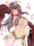  1girl absurdres bangle bare_shoulders bracelet breasts brown_hair commentary_request cowboy_shot detached_sleeves gypsy_(ragnarok_online) harem_outfit highres jewelry large_breasts long_hair long_sleeves looking_at_viewer midriff navel neck_ring parted_lips purple_eyes ragnarok_online sail_(sail-away) simple_background solo standing stomach white_background 