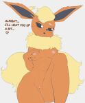  1girl absurdres animal_ears animal_nose averting_eyes black_sclera blonde_hair blush body_fur breasts breasts_apart cleft_of_venus clitoral_hood colored_sclera commentary completely_nude cowboy_shot english_commentary english_text fir3born flareon flat_color from_above furry furry_female grabbing_own_breast grey_background half-closed_eyes heart highres leg_up legs looking_to_the_side lying medium_breasts navel nipples nose_blush nude on_back open_mouth orange_fur personification pokemon pokemon_(creature) pussy short_hair shy simple_background solo spoken_heart stomach sweat tail talking thighs two-tone_fur uncensored white_eyes yellow_fur 