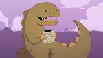  ambiguous_gender beverage clawed_fingers coffee coffee_mug dinosaur drawfee drawfee_(copyright) english_text feral fur hi_res humor hybrid jacob_andrews mammal mug mustelid otter pun reptile scalie sharp_teeth smile solo spines tail teeth text theropod tyrannosaurid tyrannosaurus tyrannosaurus_rex 