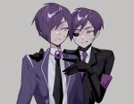 2boys black_gloves black_sclera coat colored_sclera dual_persona gloves grey_background grin hair_over_one_eye heterochromia library_of_ruina lobotomy_corporation long_sleeves mismatched_sclera mu46016419 multiple_boys necktie project_moon purple_coat purple_eyes purple_hair purple_necktie scar scar_on_face shirt smile upper_body white_shirt yellow_eyes yesod_(project_moon) 
