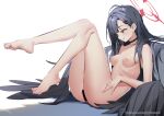  1girl bar_censor barefoot black_choker black_eyes black_hair black_wings blue_archive blush breasts censored choker closed_mouth commentary_request completely_nude feathered_wings feet full_body hair_ornament hairclip halo ichika_(blue_archive) knees_together_feet_apart knees_up legs legs_up long_hair looking_ahead low_wings lying medium_breasts nipples nude parted_bangs patreon_username pussy red_halo sideways_mouth simple_background solo sydus toenails toes white_background wings 