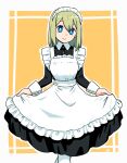  1girl alternate_costume apron black_dress blue_eyes closed_mouth collared_dress commentary_request curtsey dress enmaided feet_out_of_frame frilled_apron frills green_hair hair_between_eyes highres looking_at_viewer maid maid_apron maid_headdress muu_(mumumer) orange_background original pantyhose smile solo standing standing_on_one_leg two-tone_background white_apron white_background white_pantyhose yunomiya_agari 