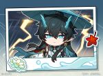  1boy black_hair chibi chinese_clothes chinese_commentary chinese_text closed_mouth cloud copyright_name dan_heng_(honkai:_star_rail) dan_heng_(imbibitor_lunae)_(honkai:_star_rail) dragon_boy dragon_horns earrings fingerless_gloves gloves green_eyes green_horns hair_between_eyes holding holding_umbrella honkai:_star_rail honkai_(series) horns jewelry leaf long_hair long_sleeves looking_up male_focus maple_leaf official_art pointy_ears rain red_eyeliner solo thunder umbrella upper_body white_footwear white_sleeves wide_sleeves 