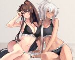  2girls alternate_costume alternate_hairstyle arm_support black_nails black_panties black_sports_bra breasts brown_eyes brown_hair cherry_blossoms closed_mouth commentary crossed_bangs dark-skinned_female dark_skin flower grey_hair hair_between_eyes hair_flower hair_ornament highres kantai_collection kasumi_(skchkko) large_breasts long_hair looking_at_viewer multiple_girls musashi_(kancolle) navel panties playing_with_own_hair ponytail puckered_lips semi-rimless_eyewear simple_background sitting sports_bra underwear yamato_(kancolle) yokozuwari 