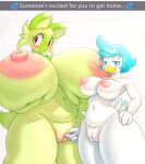  2023 anthro areola big_breasts blush bodily_fluids breast_size_difference breasts chica_(lysergide) duo english_text female female/female fingers generation_9_pokemon genital_fluids genitals hand_on_hip hi_res huge_breasts hyper hyper_breasts looking_at_viewer lysergide navel nintendo nipples nude pokemon pokemon_(species) pussy pussy_juice quaxly smile sprigatito tetas_(lysergide) text thick_thighs 