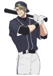  1boy achilles_(fate) backwards_hat baseball_bat baseball_cap baseball_uniform belt black_belt black_undershirt brown_eyes fate/grand_order fate_(series) gloves green_hair grey_shirt haruakira hat highres holding holding_baseball_bat licking_lips male_focus pants shirt short_hair simple_background solo sportswear tongue tongue_out white_background white_gloves white_pants 