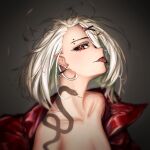  1girl absurdres azuisei bare_shoulders breasts cleavage collarbone commentary earrings english_commentary eyebrow_piercing fang from_side girls&#039;_frontline grey_background hair_ornament hair_over_one_eye hairclip highres jacket jewelry looking_at_viewer medium_hair naked_jacket off_shoulder open_clothes open_jacket piercing red_eyes red_jacket simple_background snake_tattoo solo sr-2_(girls&#039;_frontline) tattoo tongue tongue_out upper_body white_hair 
