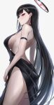  1girl absurdres bare_shoulders black_dress black_hair blue_archive blush breasts dress hair_ornament hairclip halo highres large_breasts long_hair looking_at_viewer looking_back monegi red_eyes rio_(blue_archive) sideboob solo thighs very_long_hair 