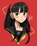  1girl amagi_yukiko black_hair blush blush_stickers cropped_shoulders cross-shaped_pupils hairband highres persona persona_4 red_background red_hairband rhivinde school_uniform smile solo symbol-shaped_pupils 