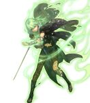  1girl arm_guards armor aura belt boots broken_armor byleth_(female)_(fire_emblem) byleth_(fire_emblem) cape clenched_teeth dagger fire_emblem fire_emblem:_three_houses fire_emblem_heroes fire_emblem_warriors:_three_hopes full_body green_eyes grey_hair hidari_(left_side) highres holding holding_sword holding_weapon knee_boots knee_pads knife midriff non-web_source official_art one_eye_closed pantyhose parted_lips shorts single_knee_pad solo sword teeth torn_clothes transparent_background turtleneck weapon 