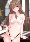  1girl absurdres alternate_costume arashio_(kancolle) arm_support ass_visible_through_thighs bikini blurry blurry_background breasts breasts_apart brown_eyes brown_hair closed_mouth halterneck hands_on_table head_tilt highres indoors kantai_collection long_hair looking_at_viewer medium_breasts multi-strapped_bikini_bottom navel nitamako_(sakamalh) shaded_face smile solo swimsuit white_bikini 