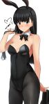  1girl amagami animal_ears armpits ayatsuji_tsukasa black_bow black_bowtie black_corset black_hair black_leotard bow bowtie breasts brown_eyes commentary_request corset embarrassed fake_animal_ears highleg highleg_leotard highres leotard long_hair looking_at_viewer pantyhose playboy_bunny rabbit_ears revision signature solo strapless strapless_leotard white_background yoo_tenchi 