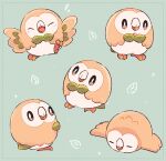  ^_^ bright_pupils brown_eyes closed_eyes closed_mouth commentary_request flying_sweatdrops green_background highres leaf looking_at_viewer looking_back lying multiple_views no_humans on_stomach open_mouth pokemon pokemon_(creature) rowlet simple_background sleeping smile su_(sajo_su5) white_pupils 