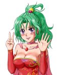  1girl :d blush breasts cape choker cleavage collarbone detached_sleeves dress earrings final_fantasy final_fantasy_vi green_hair jewelry long_hair looking_at_viewer matsuba_gogatsu open_mouth ponytail purple_eyes simple_background smile solo terra_branford v white_background 