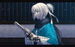  1girl black_hairband black_scarf blonde_hair blue_kimono closed_mouth drawing_sword fate/grand_order fate_(series) frown grey_eyes hairband highres holding holding_sword holding_weapon japanese_clothes kimono letterboxed okita_souji_(fate) okita_souji_(koha-ace) outdoors parody rurouni_kenshin scarf shoori_(migiha) short_ponytail solo sword translation_request weapon 