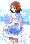 1girl artist_name ass blue_skirt brown_eyes brown_hair clothes_lift dated hibike!_euphonium highres kitauji_high_school_uniform lifted_by_self looking_at_viewer looking_back nii_manabu oumae_kumiko school_uniform shirt short_hair skirt skirt_lift smile solo water white_shirt 