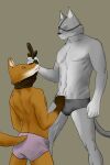  anthro blue_eyes canid canine clothing domestic_cat dominant dominant_male duo eye_patch eyewear felid feline felis fox fur grey_body grey_fur hi_res imminent_sex kneeling leash male male/male mammal moriarty_(artist) muscular muscular_male orange_body orange_fur rope rope_leash rope_pull smile underwear 