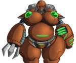  1_eye 2023 adjatha arm_cannon belly big_belly brown_body chubby_female curvy_figure featureless_crotch female green_glow hi_res humanoid machine metal red_eyes robot simple_background solo standing story story_in_description thick_thighs thigh_gap trials_in_tainted_space white_background wide_hips 