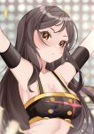  1girl absurdres armband armpits arms_up black_armband black_shirt blurry blurry_background blush breasts brown_eyes brown_hair buttons cleavage closed_mouth collarbone commentary crop_top highres idolmaster idolmaster_million_live! idolmaster_million_live!_theater_days kitazawa_shiho large_breasts long_hair looking_at_viewer midriff mou_niu shirt sidelocks solo stage upper_body v-shaped_eyebrows 