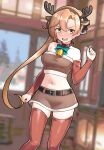  1girl akigumo_(kancolle) animal_collar animal_ears bell belt black_belt blurry blurry_background breasts brown_collar brown_hair brown_hairband brown_skirt brown_sleeves brown_thighhighs brown_tube_top collar detached_sleeves fake_animal_ears fake_antlers furaggu_(frag_0416) green_eyes hair_ribbon hairband highres kantai_collection long_hair medium_breasts miniskirt mole mole_under_eye navel neck_bell ribbon skirt solo thighhighs very_long_hair 