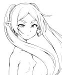  1girl breasts commentary cut_bangs dangle_earrings earrings elf english_commentary frieren geewhy greyscale jewelry lineart long_hair looking_at_viewer monochrome nipples parted_bangs pointy_ears small_breasts solo sousou_no_frieren topless twintails upper_body v-shaped_eyebrows 