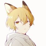  1boy animal_ears blonde_hair fevercat fox_ears highres hood hood_down hoodie limbus_company parted_lips project_moon simple_background sinclair_(project_moon) solo white_background white_hoodie yellow_eyes 