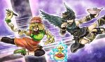  1girl 2boys angel angel_wings armlet arms_(game) beanie black_hair black_wings blonde_hair chopsticks cobushii_(arms) dark_pit feathered_wings food green_footwear hat holding holding_chopsticks kicdon kid_icarus kid_icarus_uprising laurel_crown looking_at_another mask min_min_(arms) multiple_boys noodles open_mouth purple_background ramen red_eyes smile super_smash_bros. wings 