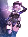  1girl armor fate/grand_order fate_(series) gyoza_(pi512126) highres hip_armor holding holding_shield looking_at_viewer mash_kyrielight mash_kyrielight_(ortenaus) one_eye_covered pink_hair purple_eyes shield short_hair simple_background solo upper_body white_background wide_hips 