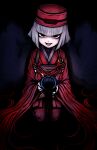  1girl absurdres black_eyes chajinbou cup fate/grand_order fate_(series) ghost_hands highres holding holding_cup japanese_clothes kimono liquid looking_at_viewer nazo_no_diaboro open_mouth pale_skin pouring red_headwear red_kimono seiza sen_no_rikyu_(fate) sen_no_rikyu_(first_ascension)_(fate) short_hair sitting smile solo white_hair 