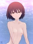  1girl artist_name black_eyes black_hair blue_background bob_cut breasts bubble closed_mouth collarbone commentary completely_nude empty_eyes hair_between_eyes highres kikumaru_bunta light_smile looking_at_viewer monogatari_(series) narrowed_eyes nipples nude oshino_ougi pale_skin short_hair signature small_breasts smile solo textless_version translated upper_body water 