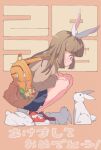  1girl 2023 animal_ears backpack bag bag_charm blue_skirt brown_background brown_hair charm_(object) chinese_zodiac from_side long_hair long_sleeves original pleated_skirt profile rabbit rabbit_ears rabbit_girl rabbit_tail red_eyes red_footwear shimazaki1152 shoes simple_background skirt sneakers squatting tail white_rabbit_(animal) year_of_the_rabbit 