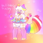  ambiguous_gender anthro baby_talk blush bottomwear bow_ribbon canid clothing diaper embarrassed english_text footwear fur glitter_(nekozuna) hair hi_res legwear mammal multicolored_body multicolored_fur multicolored_hair multicolored_tail nekozuna pacifier rainbow_body rainbow_fur rainbow_hair rainbow_tail skirt socks solo sparkledog sparklewolf tail text thigh_highs unknown_artist white_body white_fur 