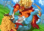  abs absurd_res anal anthro balls blonde_hair blue_body blue_skin bushiroad dragon drum_bunker_dragon duo future_card_buddyfight genitals hair hi_res humanoid_genitalia humanoid_penis male male/male muscular muscular_anthro muscular_male orange_body orange_skin pandarita pecs penis qinus_axia 