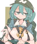  1girl :/ backpack bag bikini_pull black_thighhighs blue_eyes blue_hair blue_shirt breasts closed_mouth clothes_pull flat_cap green_background green_headwear hair_bobbles hair_ornament hat kawashiro_nitori key large_breasts looking_at_viewer massakasama pulled_by_self shirt short_hair short_sleeves solo thighhighs touhou two_side_up upper_body 
