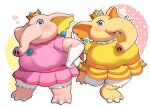  2girls blue_eyes brooch crown dress earrings elephant_princess_daisy elephant_princess_peach flower_earrings gloves gonzarez heart highres jewelry mario_(series) mini_crown multiple_girls one_eye_closed pearl_earrings pink_dress princess_daisy princess_peach smile standing super_mario_bros._wonder white_gloves yellow_dress 