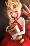  1girl bare_shoulders blonde_hair braid breasts chalice crown dragon_tail dress elbow_gloves facial_mark fate/grand_order fate_(series) fingerless_gloves french_braid gloves grin hair_bun hair_intakes hair_ribbon highres long_hair looking_at_viewer nero_claudius_(fate) queen_draco_(fate) red_dress red_eyes red_ribbon ribbon scales shinsaku_(stan-art) sidelocks single_glove small_breasts smile solo tail white_gloves 