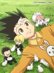  4boys :d animal_print black_hair blonde_hair book brown_eyes chibi formal gon_freecss highres holding holding_book hunter_x_hunter killua_zoldyck kurapika leopikapun leorio_paladiknight long_sleeves lying male_focus multiple_boys on_back on_grass on_ground orange_shirt petting rabbit rabbit_print reading shirt short_hair smile spiked_hair suit twitter_username white_hair 