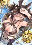  1girl 218 absurdres animal_ears armpits bikini black_nails breasts brown_bikini brown_hair brown_horns cleavage closed_eyes day extra_ears from_above galleon_(granblue_fantasy) granblue_fantasy hair_between_eyes highres horns huge_breasts long_hair multicolored_hair ocean outdoors parted_lips pointy_ears sandals smile solo streaked_hair swimsuit wading water wet 