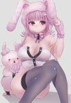  1girl animal_ears armlet bare_shoulders black_leotard blue-bell blush breasts buttons cleavage danganronpa_(series) danganronpa_2:_goodbye_despair detached_collar detached_sleeves feet_out_of_frame grey_background grey_thighhighs highres large_breasts leotard medium_hair nanami_chiaki neck_ribbon official_alternate_costume pink_eyes pink_hair pink_ribbon playboy_bunny rabbit_ears ribbon shiny_skin sitting solo spaceship_hair_ornament thighhighs two-tone_leotard usami_(danganronpa) white_leotard 