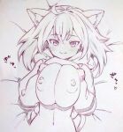  1girl ahoge animal_ear_fluff animal_ears breasts breasts_out breasts_squeezed_together cat_ears cat_girl closed_mouth clothes_lift hair_between_eyes hands_up highres hololive hood hoodie hoodie_lift large_breasts long_sleeves looking_at_viewer lying medium_hair monochrome navel nekomata_okayu nipples on_back smile solo sweater sweater_lift traditional_media tsukareta_san tsurime upper_body virtual_youtuber 