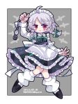  1girl apron black_footwear black_skirt black_vest blush braid clock closed_mouth collared_shirt dated frilled_skirt frills full_body grey_hair harunori_(hrnrx) highres izayoi_sakuya long_sleeves maid maid_apron maid_headdress red_eyes shirt shoes short_hair skirt solo touhou twin_braids twitter_username vest waist_apron white_apron white_shirt 