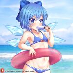 1girl bikini blue_bikini blue_bow blue_eyes blue_hair blue_sky bow cirno cloud commentary cowboy_shot english_commentary flat_chest food food_in_mouth hair_bow highres holding holding_food horizon innertube looking_at_viewer navel outdoors patreon_username popsicle_in_mouth short_hair sky solo stomach swimsuit touhou unholysoul 