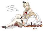  1girl autumn_leaves blonde_hair blue_eyes braid breasts commentary_request corset crown dated dog dress flower french_braid full_body hair_between_eyes hairband happy_birthday jewelry kantai_collection large_breasts long_hair long_sleeves mini_crown necklace off-shoulder_dress off_shoulder red_flower red_rose ribbon rose sitting smile thighhighs translation_request warspite_(kancolle) white_background white_dress yamada_rei_(rou) 