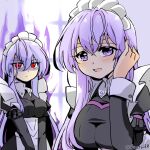  2girls apron aura circlet corruption dark_aura dark_persona dual_persona fire_emblem fire_emblem:_genealogy_of_the_holy_war hand_in_own_hair julia_(fire_emblem) long_hair looking_at_viewer maid maid_apron mind_control multiple_girls open_mouth purple_eyes purple_hair red_eyes simple_background yukia_(firstaid0) 