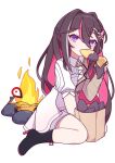  1girl azki_(4th_costume)_(hololive) azki_(hololive) campfire cross_(vgne4542) eating food highres long_hair purple_eyes solo sweet_potato 