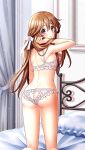  1girl ass ass_cutout bare_arms bare_legs bedroom bra breasts brown_hair clothing_cutout doukyuusei_another_world frilled_bra frilled_panties frills from_behind game_cg hair_between_eyes hair_ribbon hand_in_own_hair heart_cutout indoors kakyuusei kneeling lingerie long_hair looking_at_viewer looking_back medium_breasts panties pillow red_eyes ribbon shoulder_blades solo underwear underwear_only very_long_hair white_bra white_panties white_ribbon yuuki_mizuho 