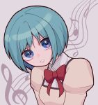  1girl blue_eyes blue_hair bow grey_background head_tilt highres keropiki looking_at_viewer mahou_shoujo_madoka_magica miki_sayaka mitakihara_school_uniform parted_lips puffy_sleeves red_bow school_uniform short_hair simple_background solo staff_(music) 